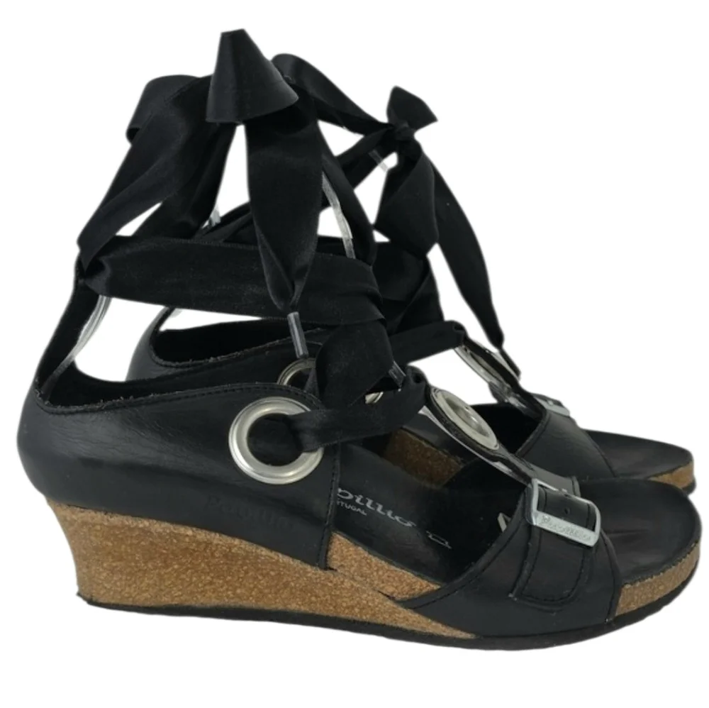 Papillio Birkenstock Black Emmy Leather Ankle Tie Strap Wedge Sandals Size 37‎